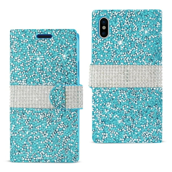 Reiko brand for iphone X Diamond Rhinestone Wallet Case In Blue