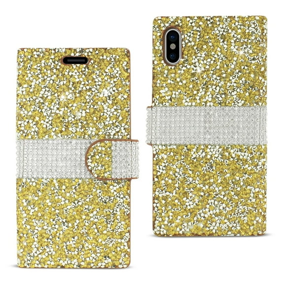 Reiko brand for iphone X Diamond Rhinestone Wallet Case In Gold