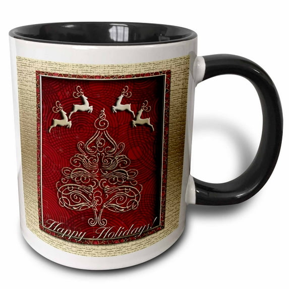 3drose, Reindeer and Christmas Tree Happy Holidays, 11oz Two-tone Black Mug