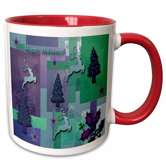 3drose, Reindeer and Trees, Green and Purple, 15oz Two-tone Red Mug