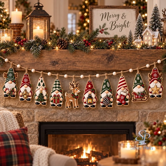 Reindeer Antlers Christmas Gnome Wooden Ornament Garland, Mantel Decor for Holiday Hosts