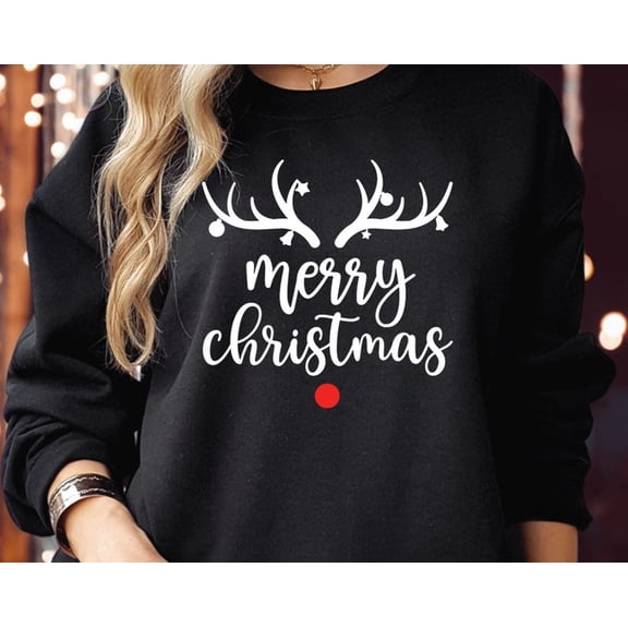Reindeer Antlers Sweatshirt, Rudolph Red Nose Style Jumper, Family , Pullover Sweater S-5093, Sweatshirt Size S-5Xl