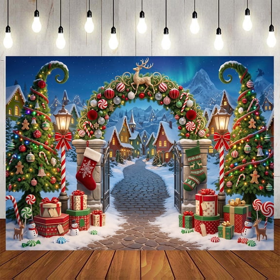 Reindeer Arch Snow Scene Christmas Backdrop, Holiday Photo Banner 8X6ft