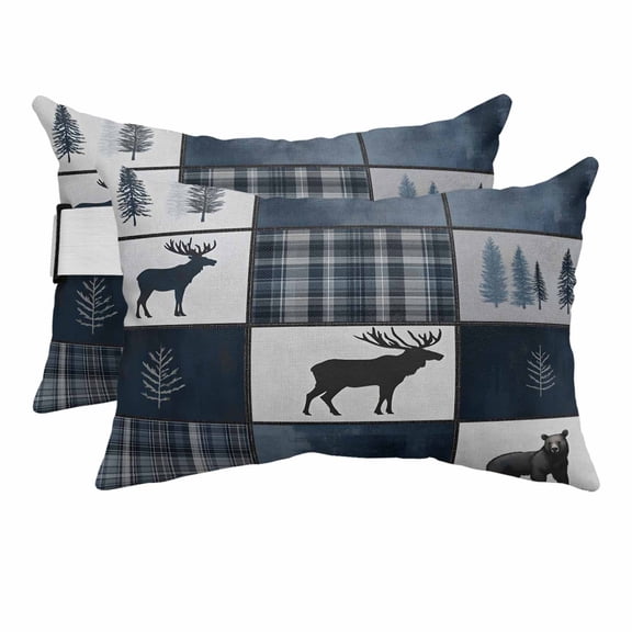 Reindeer Bear Silhouette Pine Tree Outdoor Pillow for Chaise Lounge Chair,Head RestingPillow with Insert, Vintage Buffalo Patchwork Waterproof Lumbar Pillows for Patio,11"x16" 2 Pack