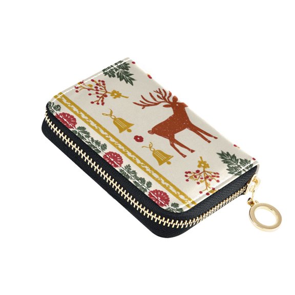 Reindeer Bell Christmas Pattern Women's Credit Card Holder PU Leather Zipper Wallet RFID Blocking