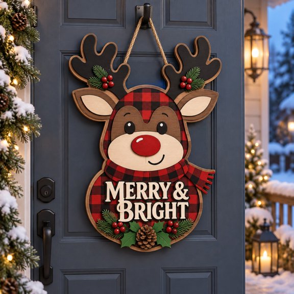 Reindeer Buffalo Plaid Wooden Sign Front Door Hanger Christmas Decor