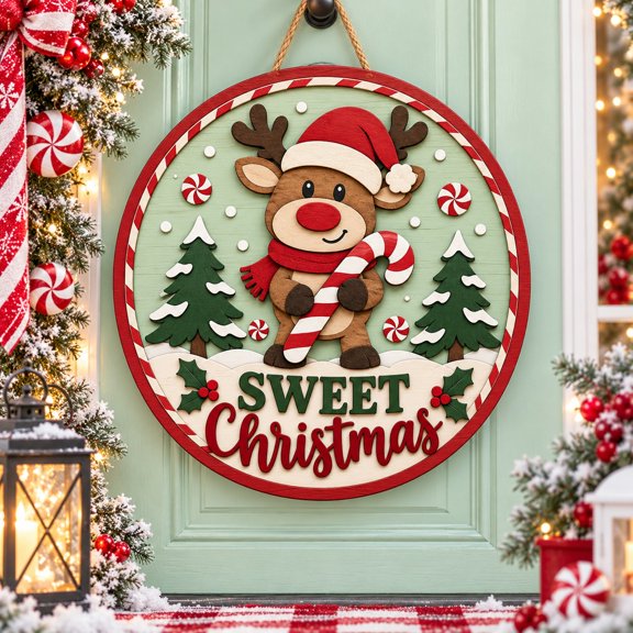 Reindeer Candy Cane Christmas Wooden Door Sign for Holiday Entryway