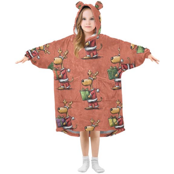 Reindeer Cartoon Holding Christmas Gifts Flannel Wearable Blankets Hooded Design Long Sleeves Wrap Unisex for 3T-14Y S
