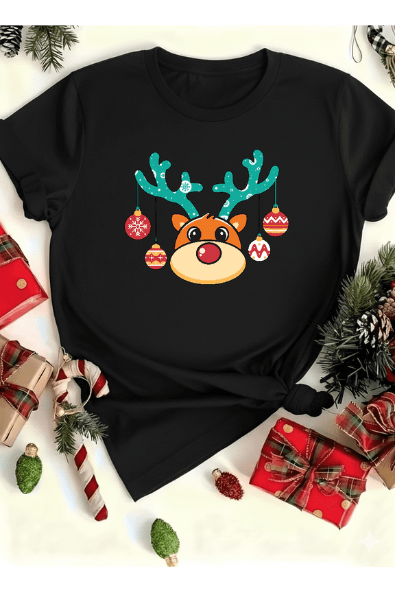 Reindeer Cheer Cute Face Ornaments Festive Retro Art Unisex T-Shirt V13102 up to size 5XL