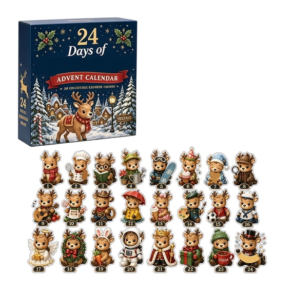 Reindeer Christmas Advent Calendar with 24 Days Christmas Countdown and Collectible Mystery Gift Set for Classic Holiday Decor 2D Acrylic Festive Character Ornaments