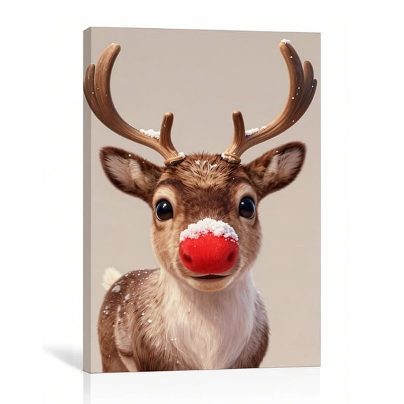 Reindeer Christmas Animal Wall Art Cute Holiday Canvas Print Red Nose Winter Gallery Wrapped Canvas Nursery Decor 24"L x 36"W