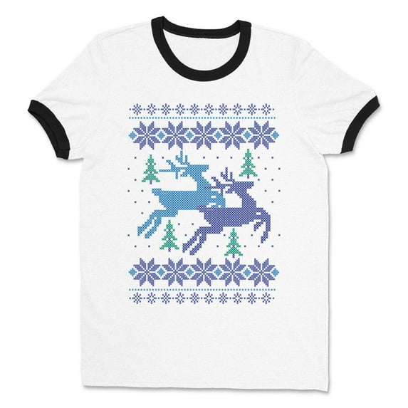 Reindeer Christmas Cross Stitch Ringer Tee Shirt Unisex Large White/Black