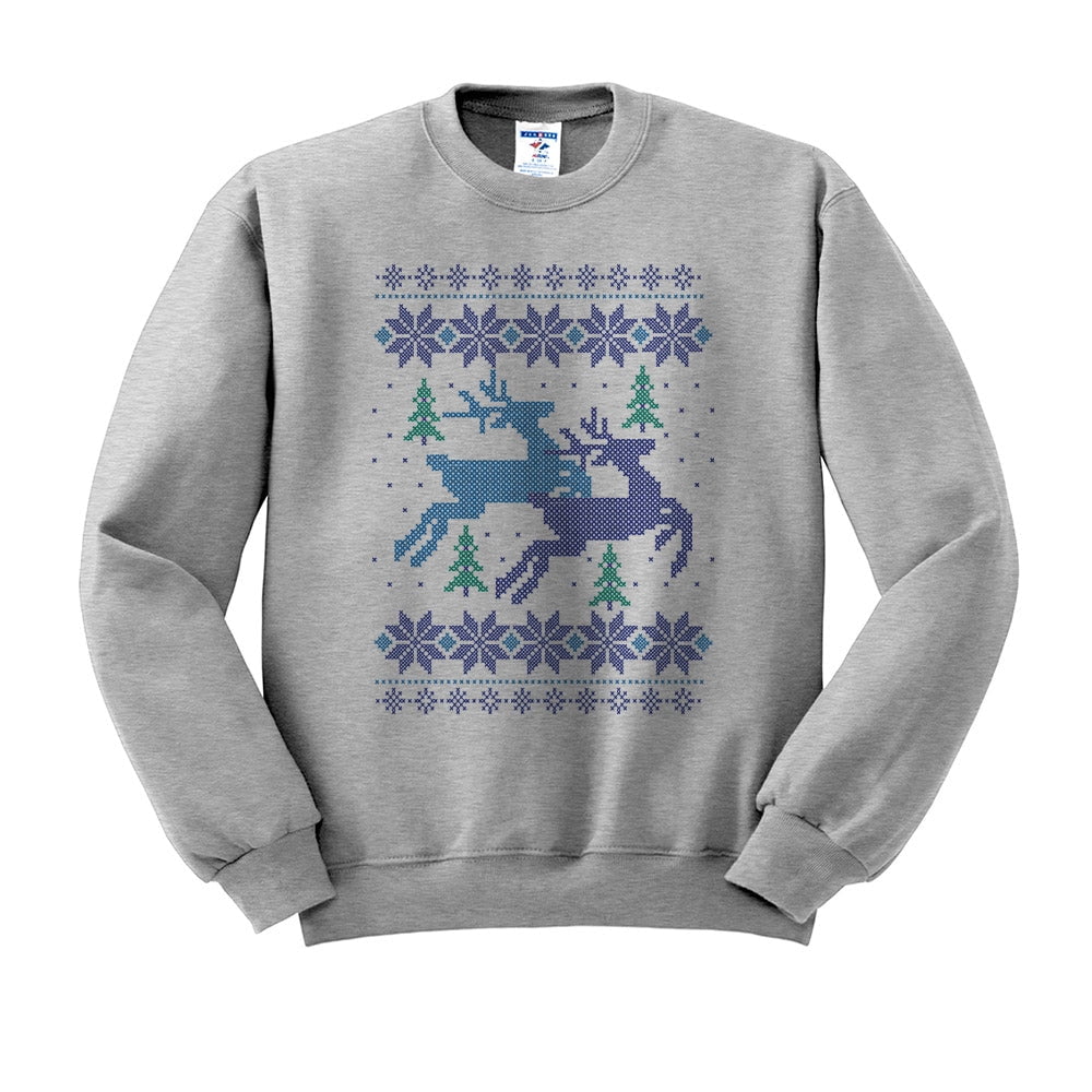 Reindeer Christmas Cross Stitch Sweatshirt Unisex 2X-Large Light