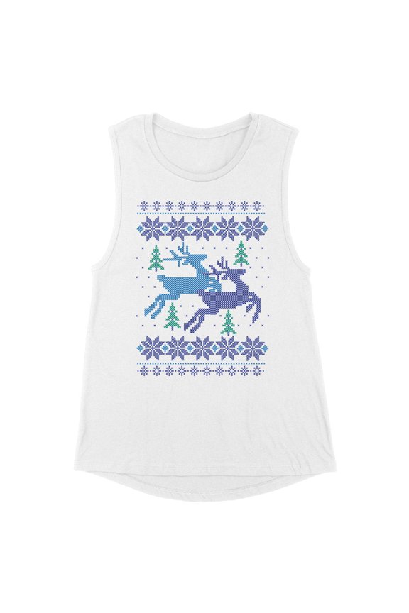 Reindeer Christmas Cross Stitch Women's Muscle Tank Large White