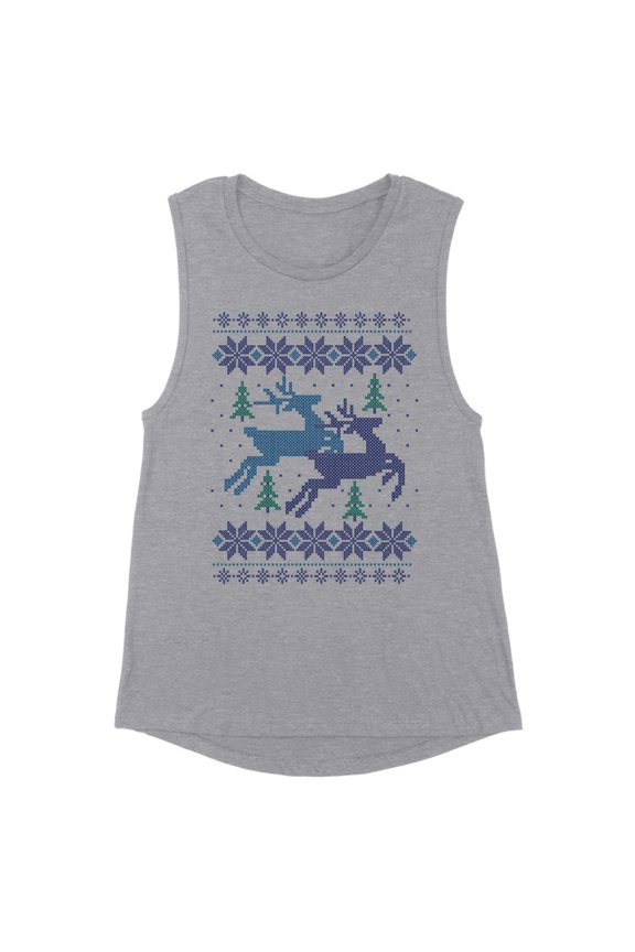 Reindeer Christmas Cross Stitch Women's Muscle Tank Medium Heather Grey