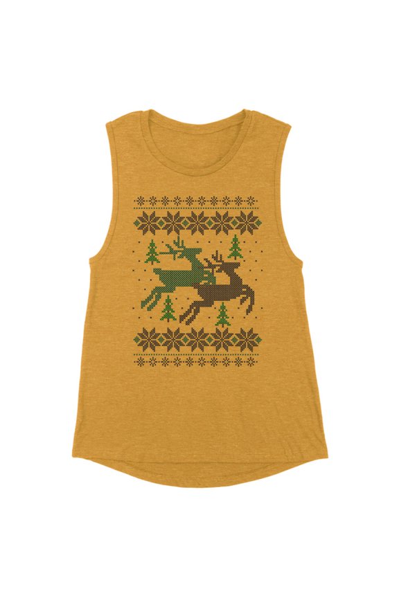 Reindeer Christmas Cross Stitch Women's Muscle Tank Small Antique Gold