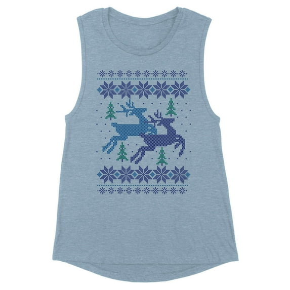 Reindeer Christmas Cross Stitch Women's Muscle Tank Small Stonewash Denim