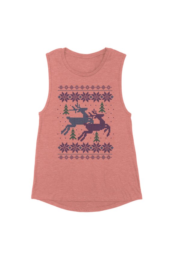 Reindeer Christmas Cross Stitch Women's Muscle Tank X-Small Desert Pink