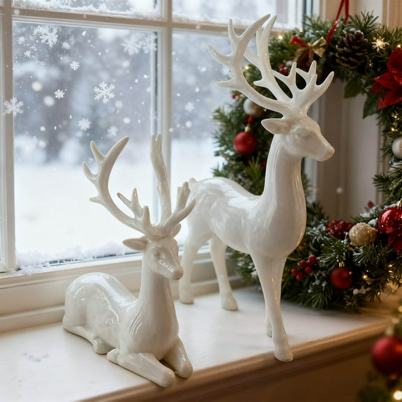 Reindeer Christmas Decor,Christmas Decorations Indoor,2pcs/Set Christmas Reindeer Figurines Deer Christmas Decor Xmas Sitting Standing Deer Statues Rustic Small Reindeer Sculpture(White)