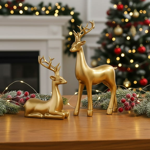 Reindeer Christmas Decor,Christmas Deer,Christmas Table Decorations,2pcs Deer Ornaments Resin Reindeer Sculpture Deer Statue Reindeer Ornament For Home Office Desk Decor(Gold 2pcs/Set 7in)