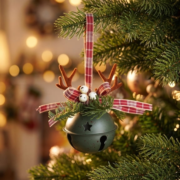 Reindeer Christmas Decor Christmas Ornament 8 Inch Dark Green Bell with Plaid Ribbon for Indoor Home Tree Holiday Display 1 Pack