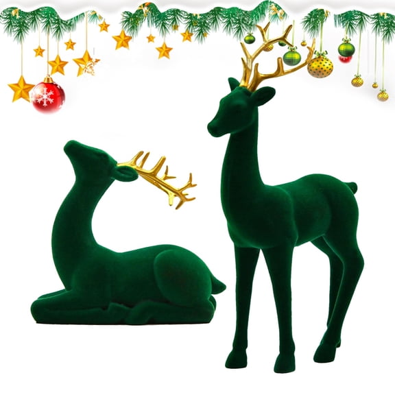 Reindeer Christmas Decor - Christmas Reindeer 2Pcs, Flocking Reindeers Figures | Red and Green Aesthetic Standing Sitting Elk Statue for Workplace Bedside Table Party Kitchen
