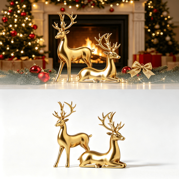 Reindeer Christmas Decor, Couple Deer Figurine, Reindeer Decor, Christmas Table Decor, Wealth Attraction Deer Statue, Pair of Deer Sculptures for Home Tabletop, Cabinet, Living Room, Wedding Decor