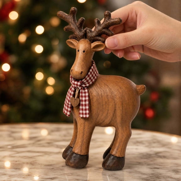 Reindeer Christmas Decor, Rustic Farmhouse Reindeer Figurine with Plaid Scarf Heart Accent, Handcrafted Standing Deer Statue, Holiday Home Decoration for for Mantel Shelf Winter Display