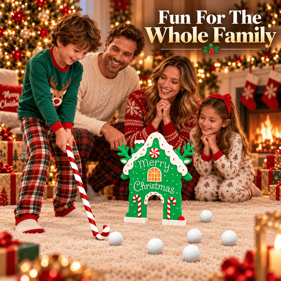 Reindeer Christmas Party Mini Golf Game Set, Gingerbread Themed Golf Game with Candy Canes and 6 Balls, Portable Holiday Activity for Main Doors and Parties, Perfect Gift, Green, 1set