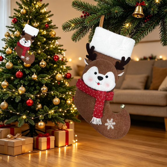 Desaam Reindeer Christmas Stocking, Red Scarf, Plush Cuff, Mantel Decor, Single, 11.8 Inch