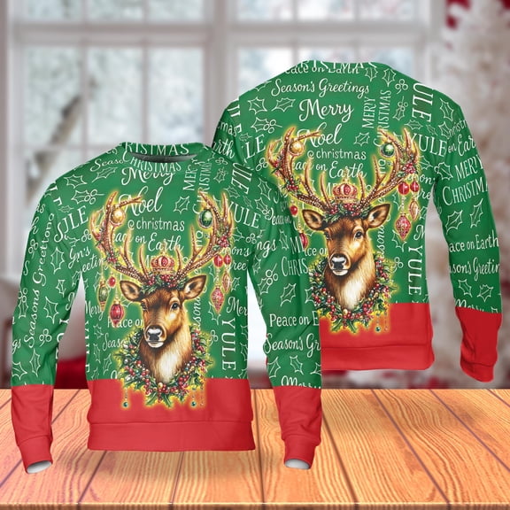 Reindeer Christmas Sweatshirt, Festive Holiday Crewneck, Elegant Deer with Ornament Design, Green Red Cozy Xmas Pullover, Winter Gift for Men Women Friends
