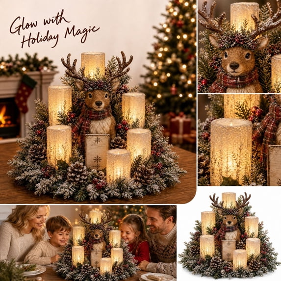 Reindeer Christmas Table Centerpiece with 6 Flameless Led Candles and Pinecone Accents, Rustic Farmhouse Style, for Dining Room Or Kitchen Island, Holiday Decoration