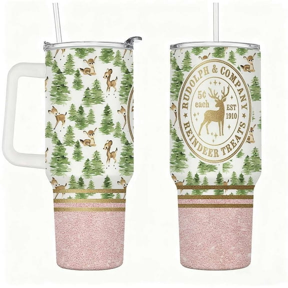 Reindeer Christmas Tumbler with Lid and Straw, Rudolph Holiday Forest Cup