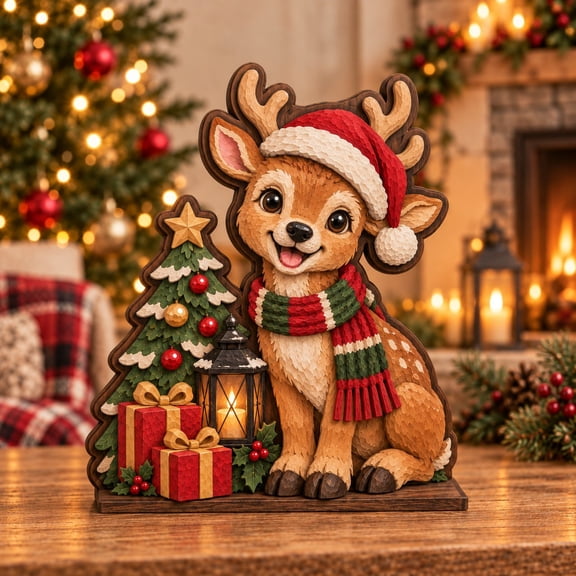 Reindeer Christmas Wooden Block 3 Layer for Holiday Tabletop Decor