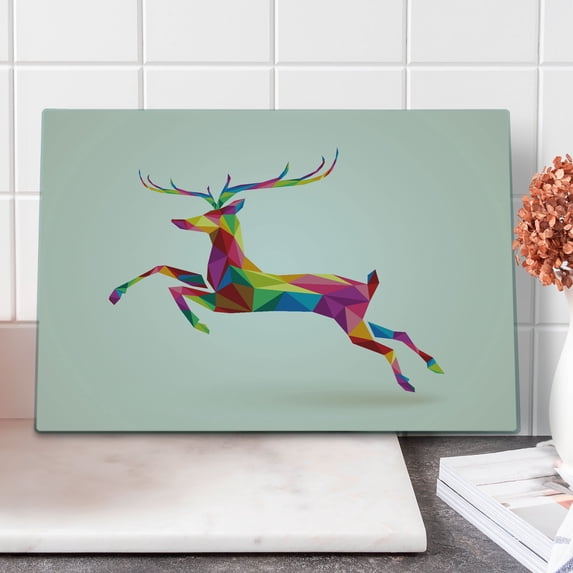 Reindeer Cutting Board, Geometric and Colorful Deer with Fractal Look and Modern Style Xmas Theme, Decorative Tempered Glass Cutting and Serving Board, Large Size, Multicolor, by Ambesonne