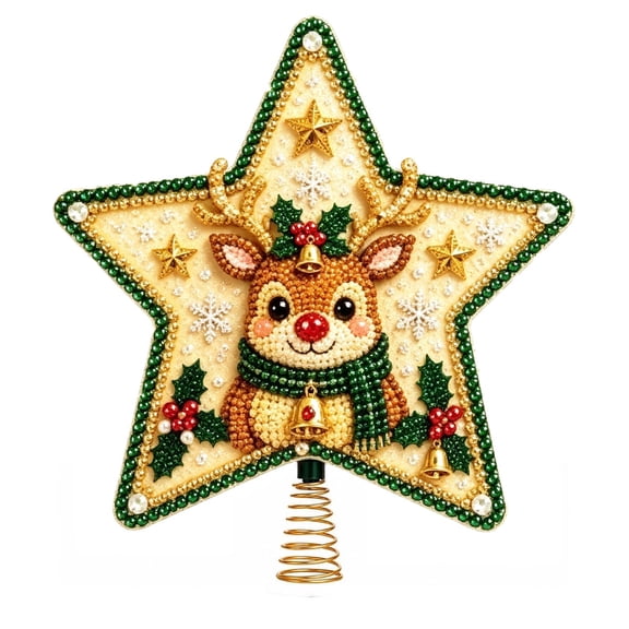 Reindeer Diamond Painting Christmas Tree Topper Kit, DIY Star Shaped Rhinestone and Pearl Craft with Tree Top Base for Holiday Tree Decor, Family Crafting and Handmade Gifts