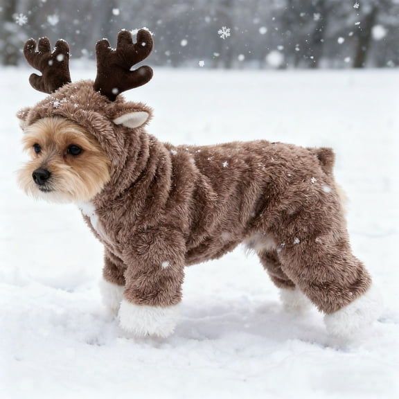 Reindeer Dog Suit Christmas Elk Deer Pet Winter Warm Hoodie Plush Outfit Fully Wrapped Type Pet Apparel For Puppy Cat(Brown-L)