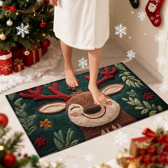 Reindeer Door Mat, Christmas Festive Wreath Snowflakes Xmas Green Rubber Non-Slip Doormats for Floor for House Office Outside Inside Entrance Decor 15*24 Inch
