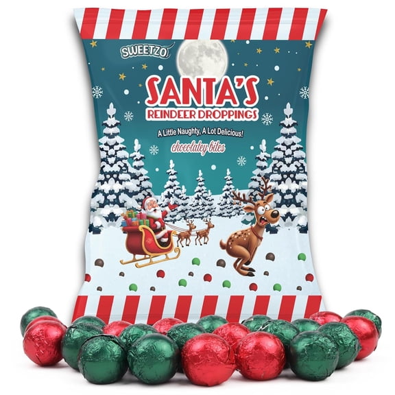 Reindeer Droppings Chocolatey Bites, Funny Christmas Gag Gift, Holiday Stocking Stuffers, Foil Wrapped, 3 Ounce Bag