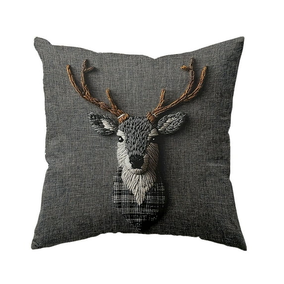 Reindeer Embroidered Throw Pillow Covers for Couch, Deer Head Decorative Square Bed Or Sofa Pillows Case Animal Antler Black Mammal Nature Wildlife Cotton Cushion Covers 18X18 Inch