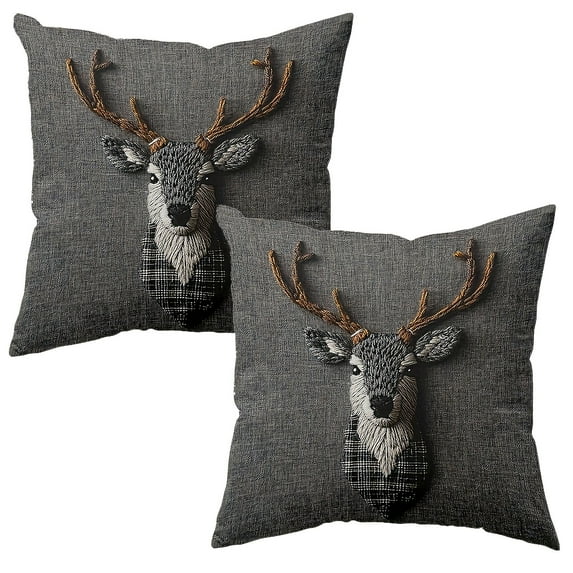 Reindeer Embroidered Throw Pillow Covers for Couch, Deer Head Decorative Square Bed Or Sofa Pillows Case Animal Antler Black Mammal Nature Wildlife Cotton Cushion Covers 18X18 Inch