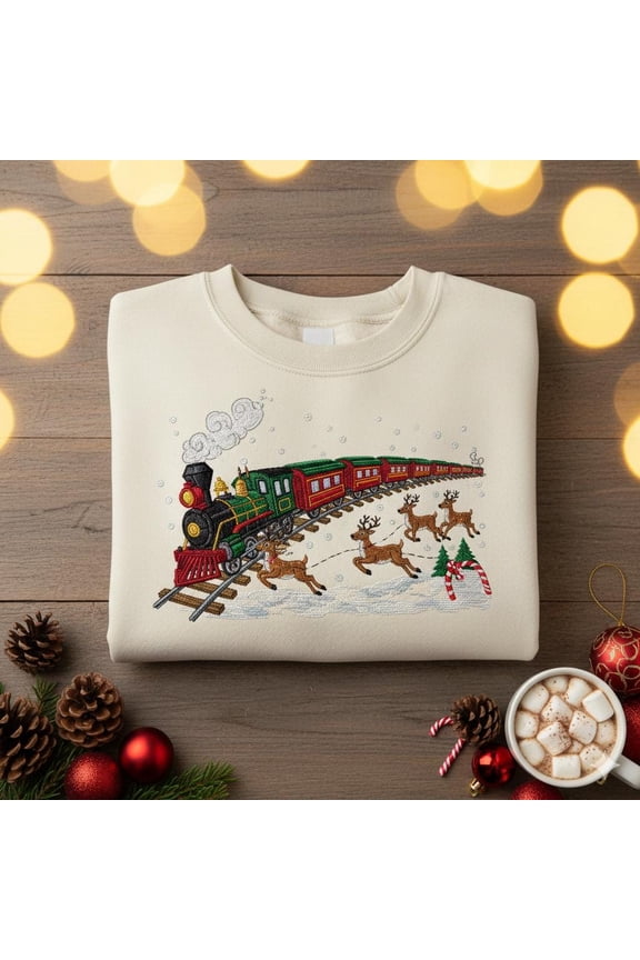Reindeer Express Embroidered Christmas Sweatshirt – Vintage Holiday Train Sweater, Cute Festive Pullover, Cozy Xmas Gift