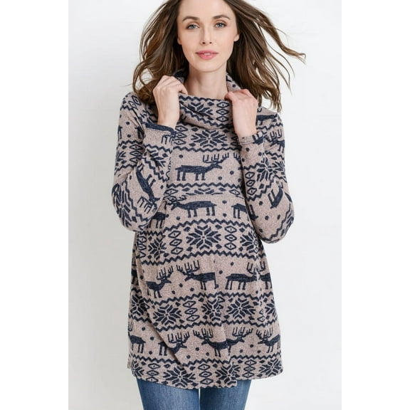 Reindeer Fair Isle Cowl Neck Maternity Tunic