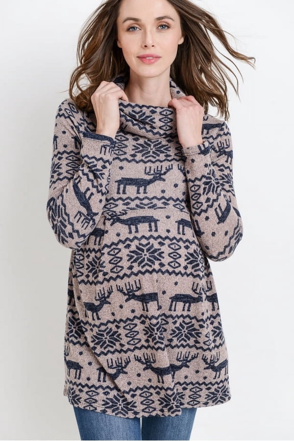 Reindeer Fair Isle Cowl Neck Maternity Tunic