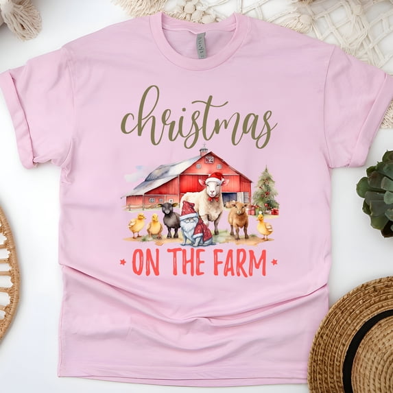 Reindeer Farm Graphic T-Shirt | Santa Claus Holiday Tee for Men Women Kids, Light Pink, Size 2XL