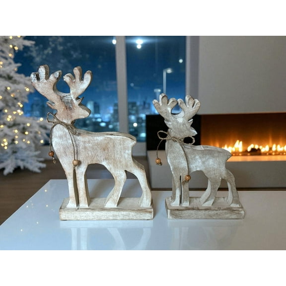 Reindeer Figurines Set of 2 Rustic Farmhouse Christmas Decorations Carved Wooden Statues with Antlers & Bows Holiday Tabletop Mantel Fireplace Shelf & Office Dcor Ornaments 10" and 8" H
