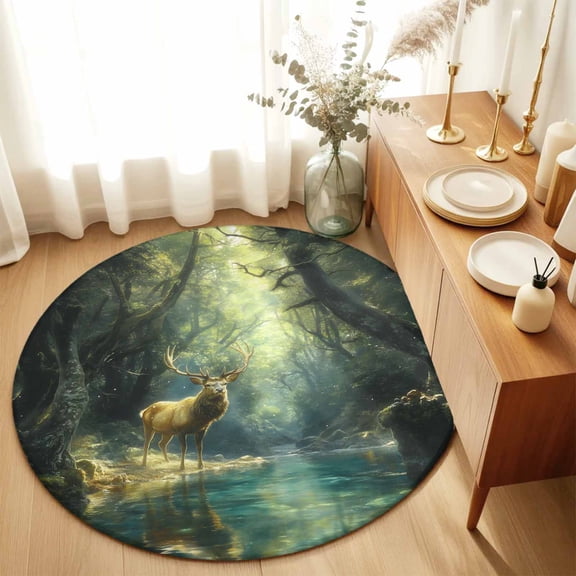 Reindeer in The Forest Round Rug 3ft Hunting Nature Scenery Clear Lake Washable Area Rugs for Living Room Bedroom Entryway Non Slip Entrance Door Mat Indoor Floor Carpet