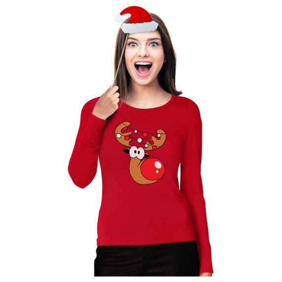 Reindeer Funny Christmas Women Long Sleeve T-Shirt Large Red