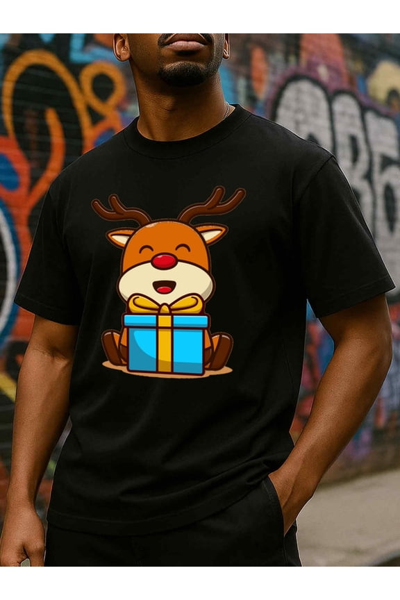 Reindeer Gift Box Tee Christmas t shirt t-shirt men's 180G 100% Cotton black Daytime and weekend wear Refreshing and lightweight, perfect for summer sports and leisure wear Weekend casual wear elega