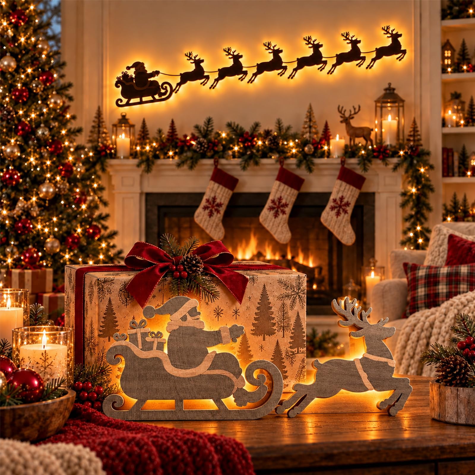 Reindeer Glow Santa Sleigh Christmas Wall Decoration Indoor Lighted 7